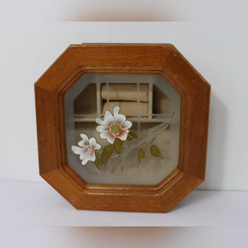 Octagonal Wooden Frame with A Glass Floral Art Jewlery Box